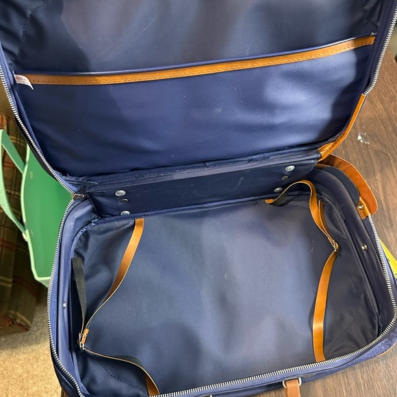 Vintage Zip Up Travel Case. Blue Fabric. No Key. One Handle. Brown Faux Leather - Picture 6 of 8